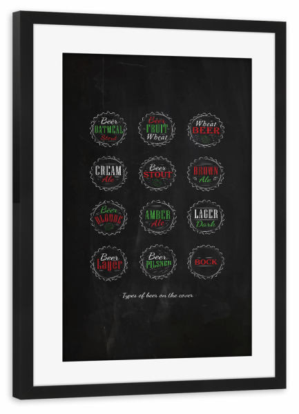 Poster mit Rahmen schwarz "Beer caps color chalk" artboxONE - Schwarzweiß,Für Papa,Essen & Trinken / Alkohol - Beer,Alcohol,Stout,Cork,Bottle,Sorts