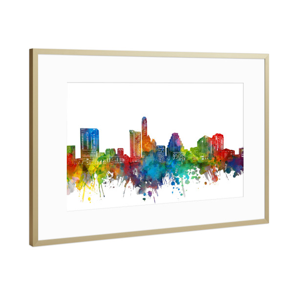 Poster mit Rahmen Gold "Austin skyline watercolor" artboxONE - Städte - Austin,Texas,Cityscape,Skyline,Usa,America