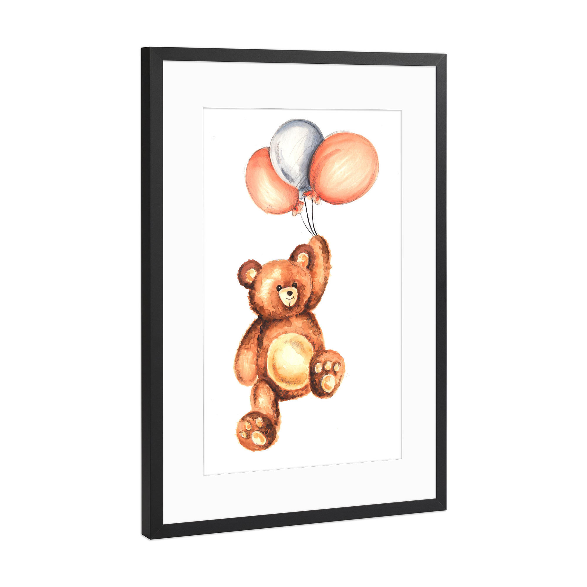 Poster mit Rahmen Schwarz (Metallic) "Bear with Balloons" artboxONE - Für Kinder,Tiere - Bear,Cute,Kids,Children,Nursery,Balloon
