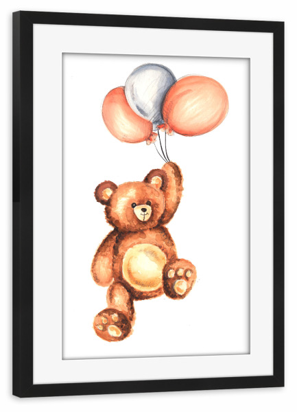Poster mit Rahmen schwarz "Bear with Balloons" artboxONE - Für Kinder,Tiere - Bear,Cute,Kids,Children,Nursery,Balloon