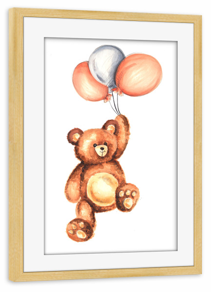 Poster mit Rahmen kiefer "Bear with Balloons" artboxONE - Für Kinder,Tiere - Bear,Cute,Kids,Children,Nursery,Balloon