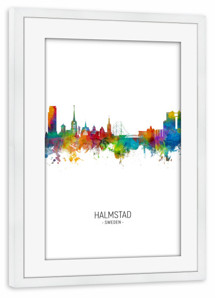 Poster mit Rahmen weiß "Halmstad Skyline Portrait" artboxONE - Städte - Halmstad,Sweden,Skyline,Cityscape,Painting,Watercolour,Stadtbild
