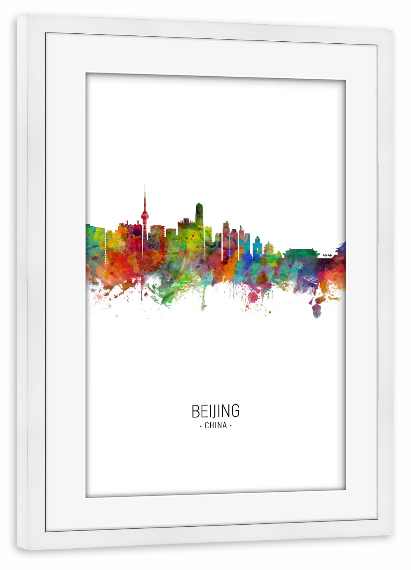 Poster mit Rahmen weiß "Beijing Skyline Portrait" artboxONE - Städte - Beijing,China,Skyline,Cityscape,Painting,Watercolour,Stadtbild