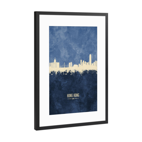 Poster mit Rahmen Schwarz (Metallic) "Hong Kong Skyline Navy" artboxONE - Städte - Hong kong,China,Skyline,Cityscape,Painting,Watercolour,Stadtbild
