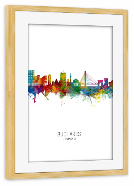 Poster mit Rahmen kiefer "Bucharest Skyline Portrait" artboxONE - Städte - Bucharest,Romania,Skyline,Cityscape,Painting,Watercolour,Stadtbild