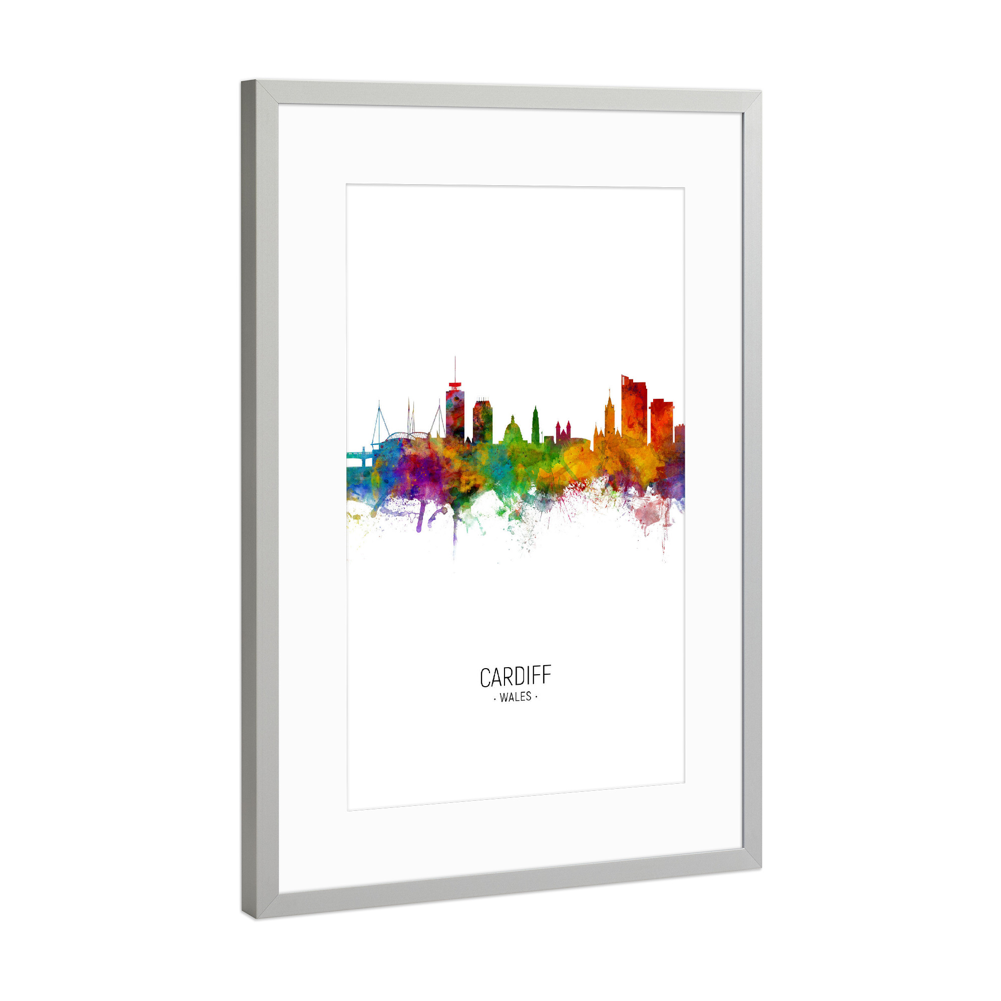 Poster mit Rahmen Silber "Cardiff Skyline Portrait" artboxONE - Städte - Cardiff,Wales,Skyline,Cityscape,Painting,Watercolour,Stadtbild