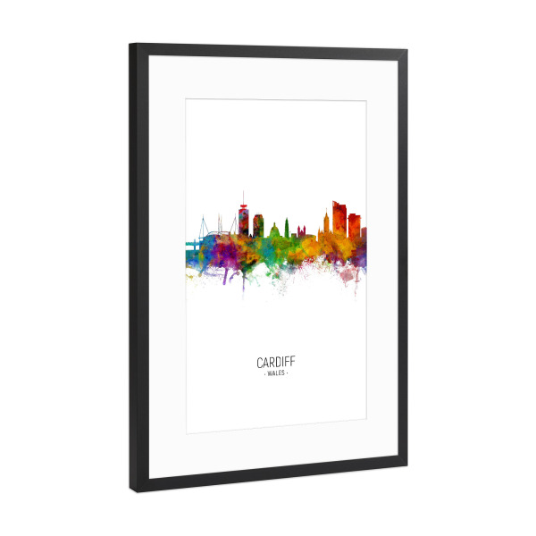Poster mit Rahmen Schwarz (Metallic) "Cardiff Skyline Portrait" artboxONE - Städte - Cardiff,Wales,Skyline,Cityscape,Painting,Watercolour,Stadtbild