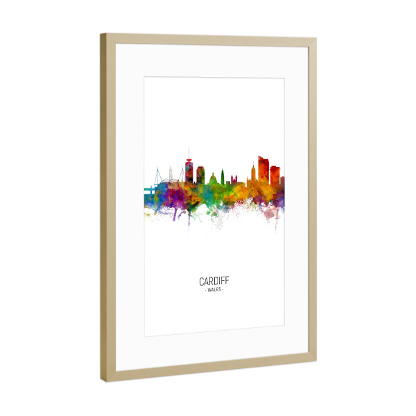 Poster mit Rahmen Gold "Cardiff Skyline Portrait" artboxONE - Städte - Cardiff,Wales,Skyline,Cityscape,Painting,Watercolour,Stadtbild