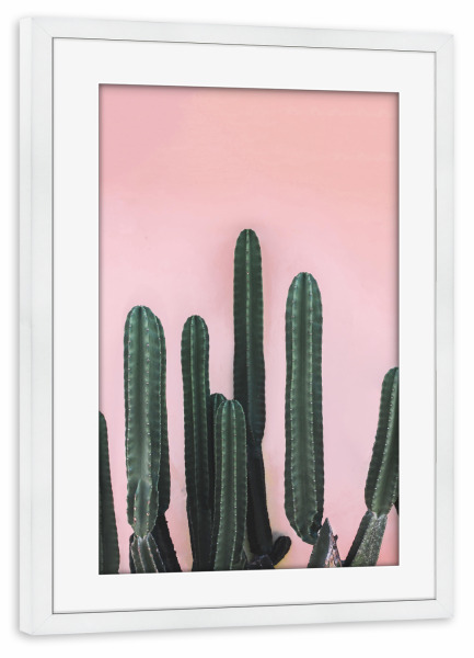 Poster mit Rahmen weiß "Saguaro" artboxONE - Natur - Cactus,Saguaro,Green,Pink,Peach,Mexico,Cacti