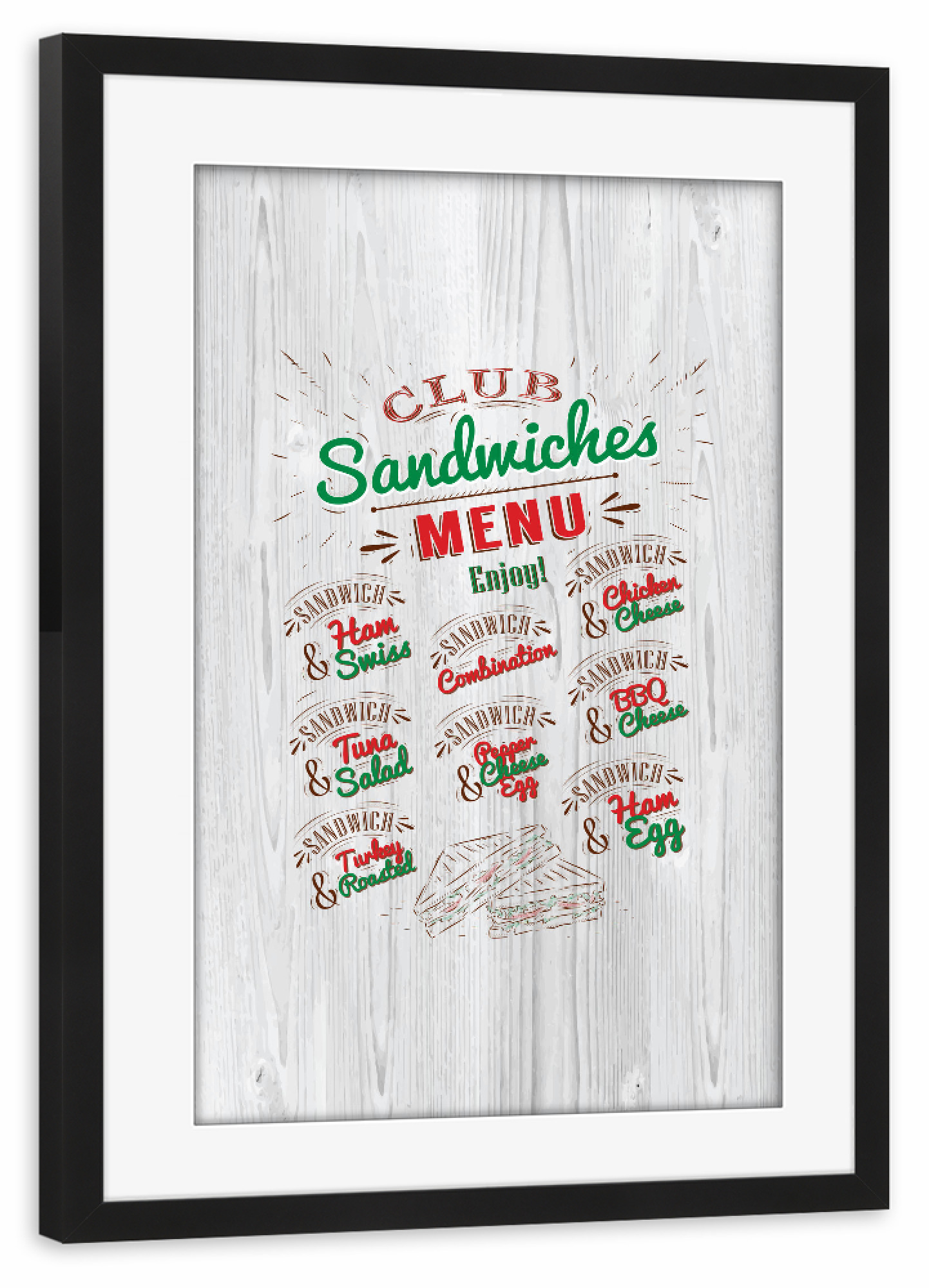Poster mit Rahmen schwarz "Types of sandwiches" artboxONE - Essen & Trinken - Sandwich,Food,Menu,Vintage,Illustration,Lunch,Meat,Vegetables,Wood