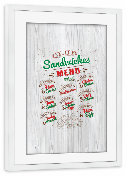 Poster mit Rahmen weiß "Types of sandwiches" artboxONE - Essen & Trinken - Sandwich,Food,Menu,Vintage,Illustration,Lunch,Meat,Vegetables,Wood