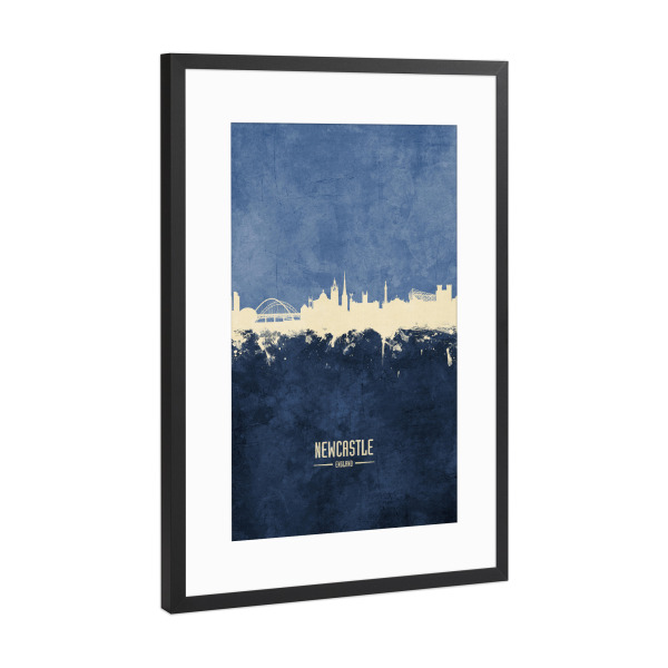 Poster mit Rahmen Schwarz (Metallic) "Newcastle Skyline Navy" artboxONE - Städte - Newcastle,England,Skyline,Cityscape,Painting,Watercolour,Stadtbild
