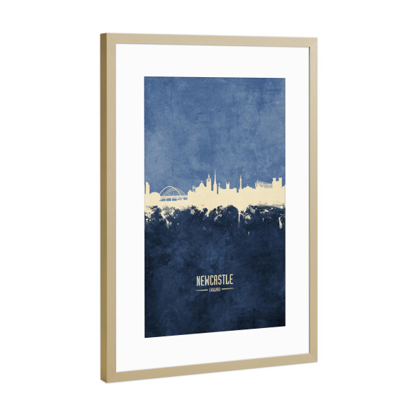 Poster mit Rahmen Gold "Newcastle Skyline Navy" artboxONE - Städte - Newcastle,England,Skyline,Cityscape,Painting,Watercolour,Stadtbild