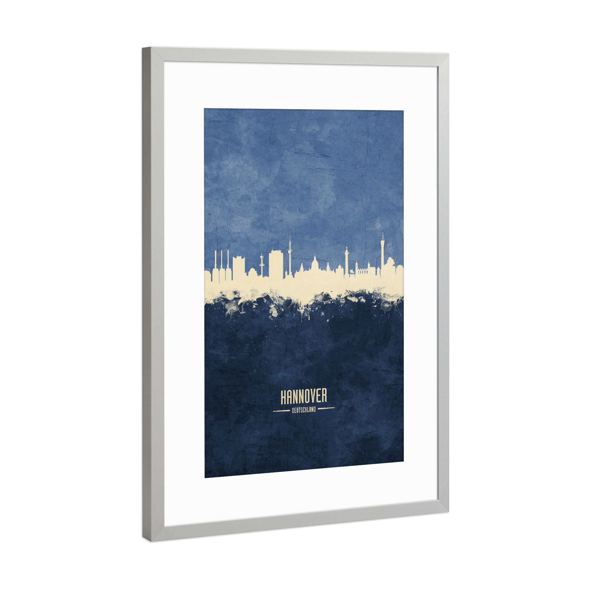 Poster mit Rahmen Silber "Hannover Skyline Navy" artboxONE - Städte - Hannover,Germany,Skyline,Cityscape,Painting,Watercolour,Stadtbild
