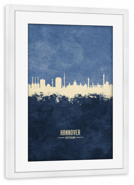 Poster mit Rahmen weiß "Hannover Skyline Navy" artboxONE - Städte - Hannover,Germany,Skyline,Cityscape,Painting,Watercolour,Stadtbild