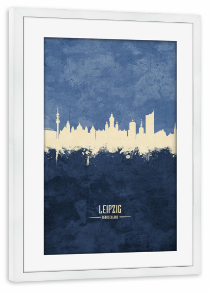 Poster mit Rahmen weiß "Leipzig Skyline Navy" artboxONE - Städte - Leipzig,Germany,Skyline,Cityscape,Painting,Watercolour,Stadtbild