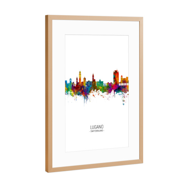 Poster mit Rahmen Kupfer "Lugano Skyline Portrait" artboxONE - Städte - Lugano,Switzerland,Skyline,Cityscape,Painting,Watercolour,Stadtbild