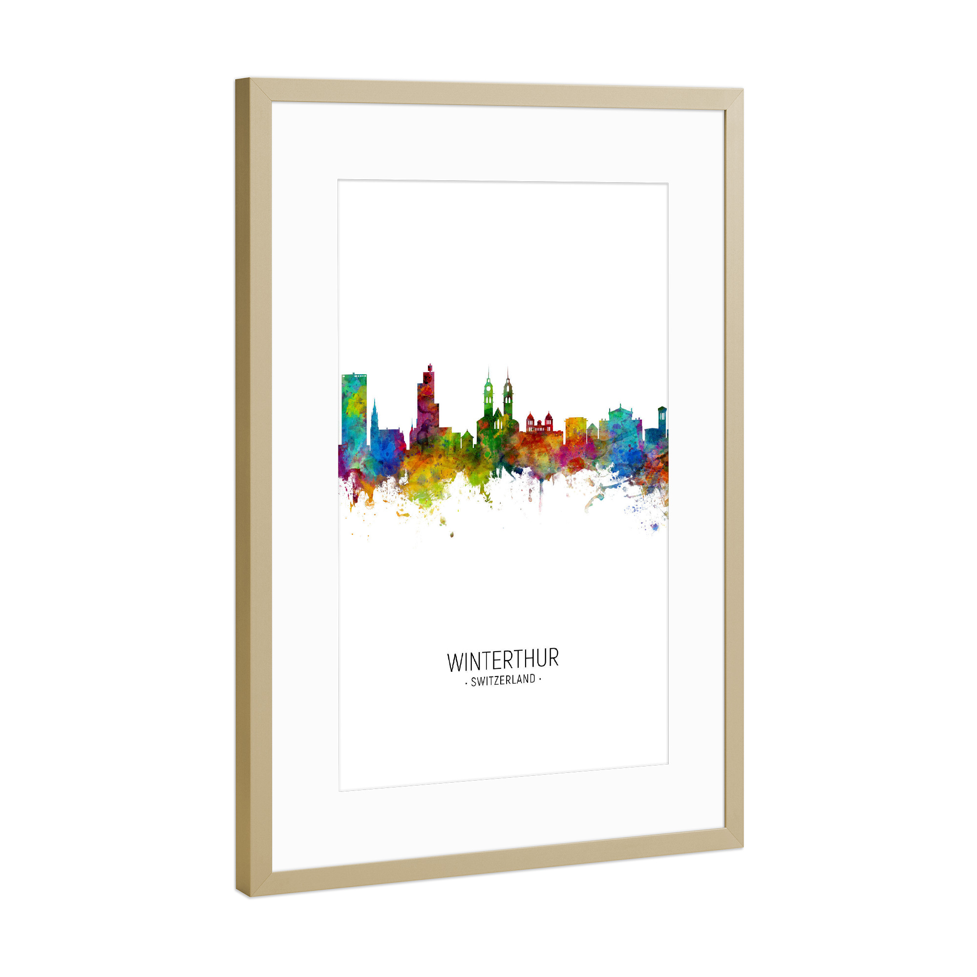 Poster mit Rahmen Gold "Winterthur Skyline Portrait" artboxONE - Städte - Winterthur,Switzerland,Skyline,Cityscape,Painting,Watercolour,Stadtbild