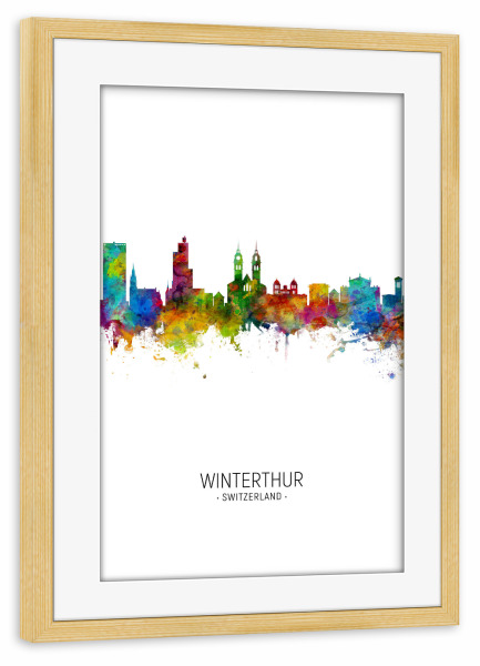 Poster mit Rahmen kiefer "Winterthur Skyline Portrait" artboxONE - Städte - Winterthur,Switzerland,Skyline,Cityscape,Painting,Watercolour,Stadtbild