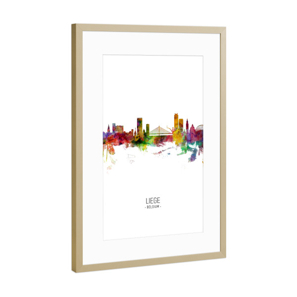 Poster mit Rahmen Gold "Liege Skyline Portrait" artboxONE - Städte - Liege,Belgium,Skyline,Cityscape,Painting,Watercolour,Stadtbild
