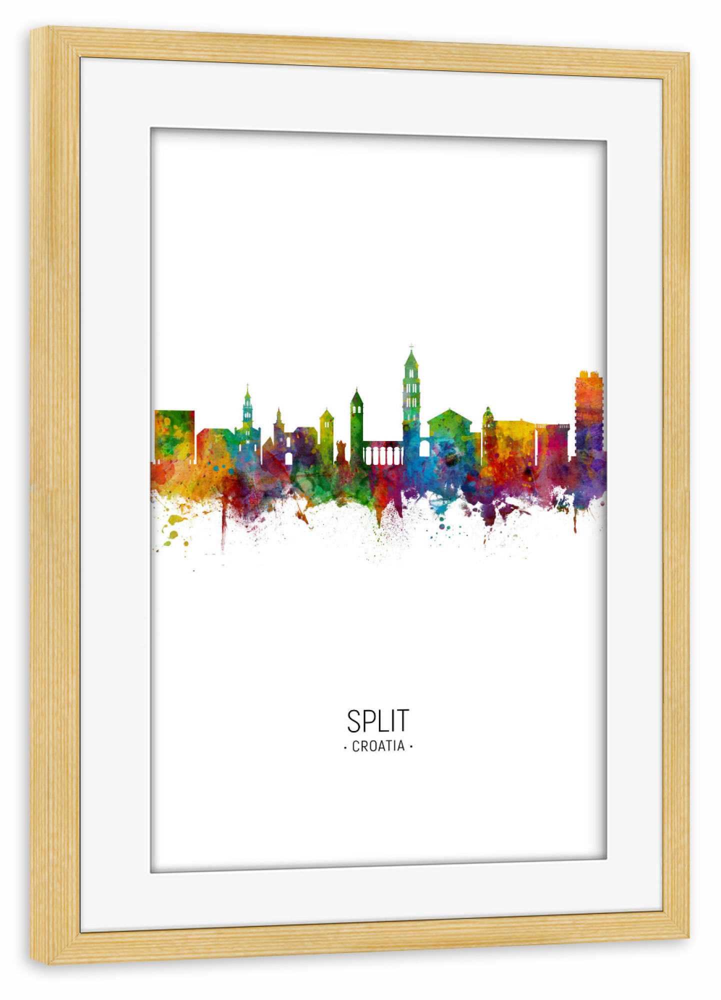 Poster mit Rahmen kiefer "Split Croatia Skyline Portrait" artboxONE - Städte - Split,Croatia,Skyline,Cityscape,Painting,Watercolour,Stadtbild