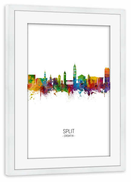 Poster mit Rahmen weiß "Split Croatia Skyline Portrait" artboxONE - Städte - Split,Croatia,Skyline,Cityscape,Painting,Watercolour,Stadtbild