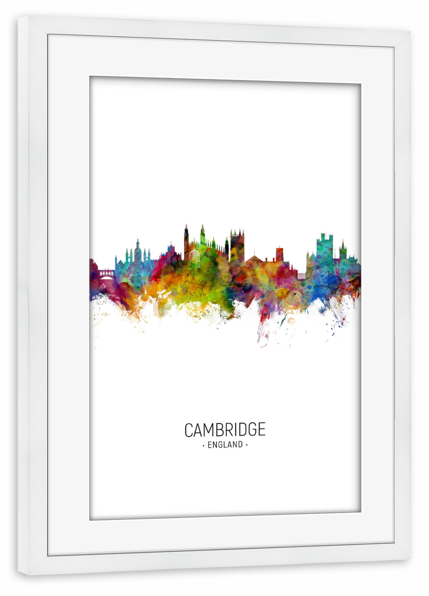 Poster mit Rahmen weiß "Cambridge Skyline Portrait" artboxONE - Städte - Cambridge,England,Skyline,Cityscape,Painting,Watercolour,Stadtbild