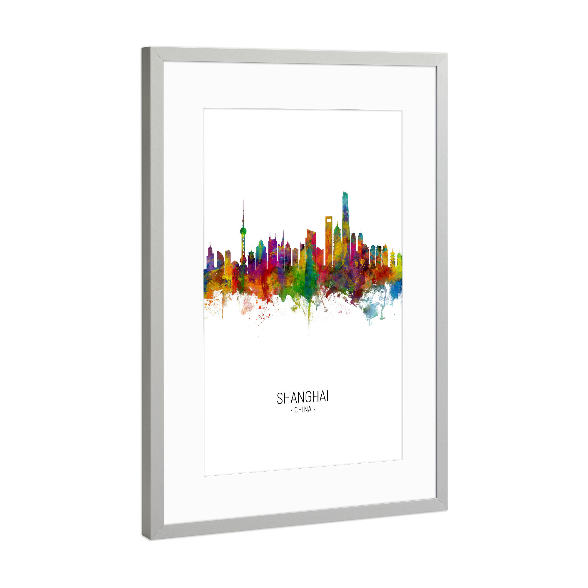 Poster mit Rahmen Silber "Shanghai Skyline Portrait" artboxONE - Städte / Shanghai - Shanghai,China,Skyline,Cityscape,Painting,Watercolour,Stadtbild
