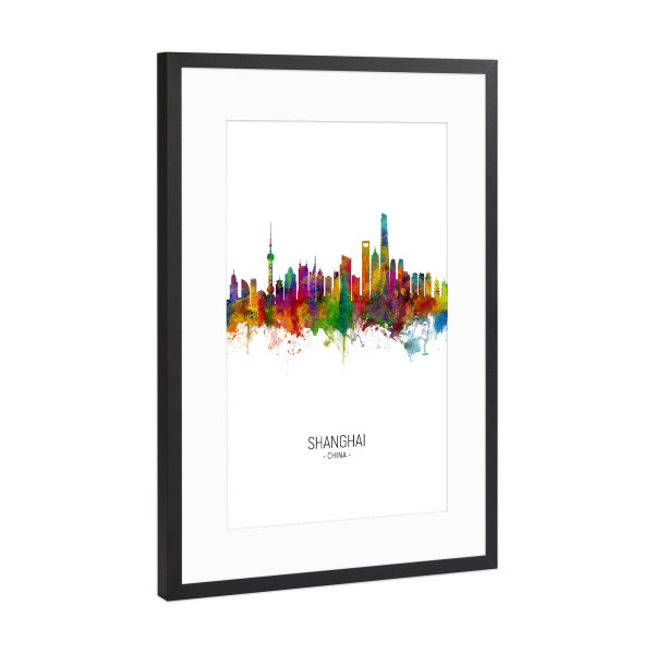 Poster mit Rahmen Schwarz (Metallic) "Shanghai Skyline Portrait" artboxONE - Städte / Shanghai