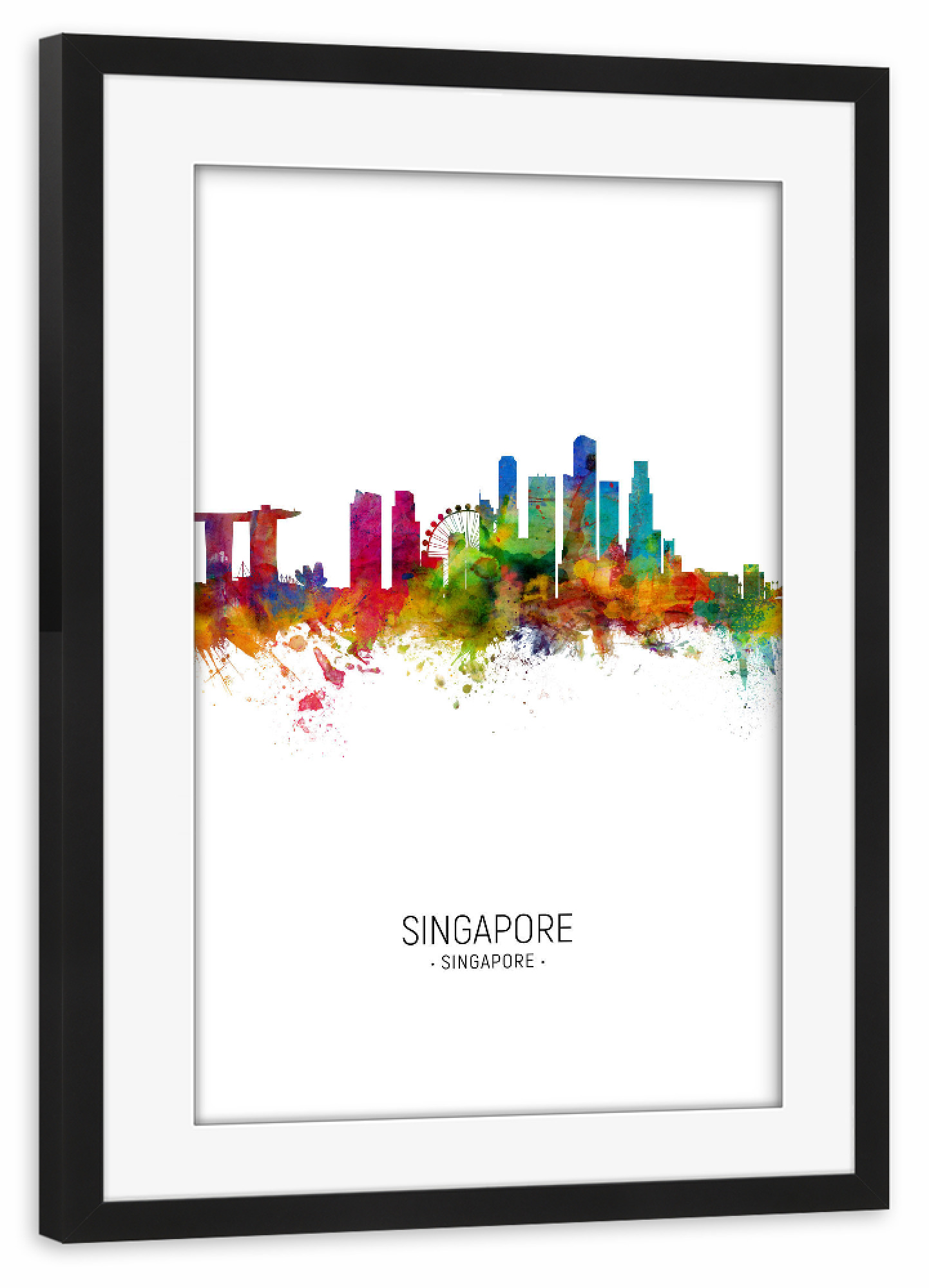 Poster mit Rahmen schwarz "Singapore Skyline Portrait" artboxONE - Städte / Singapur - Singapore,Skyline,Cityscape,Painting,Watercolour,Stadtbild