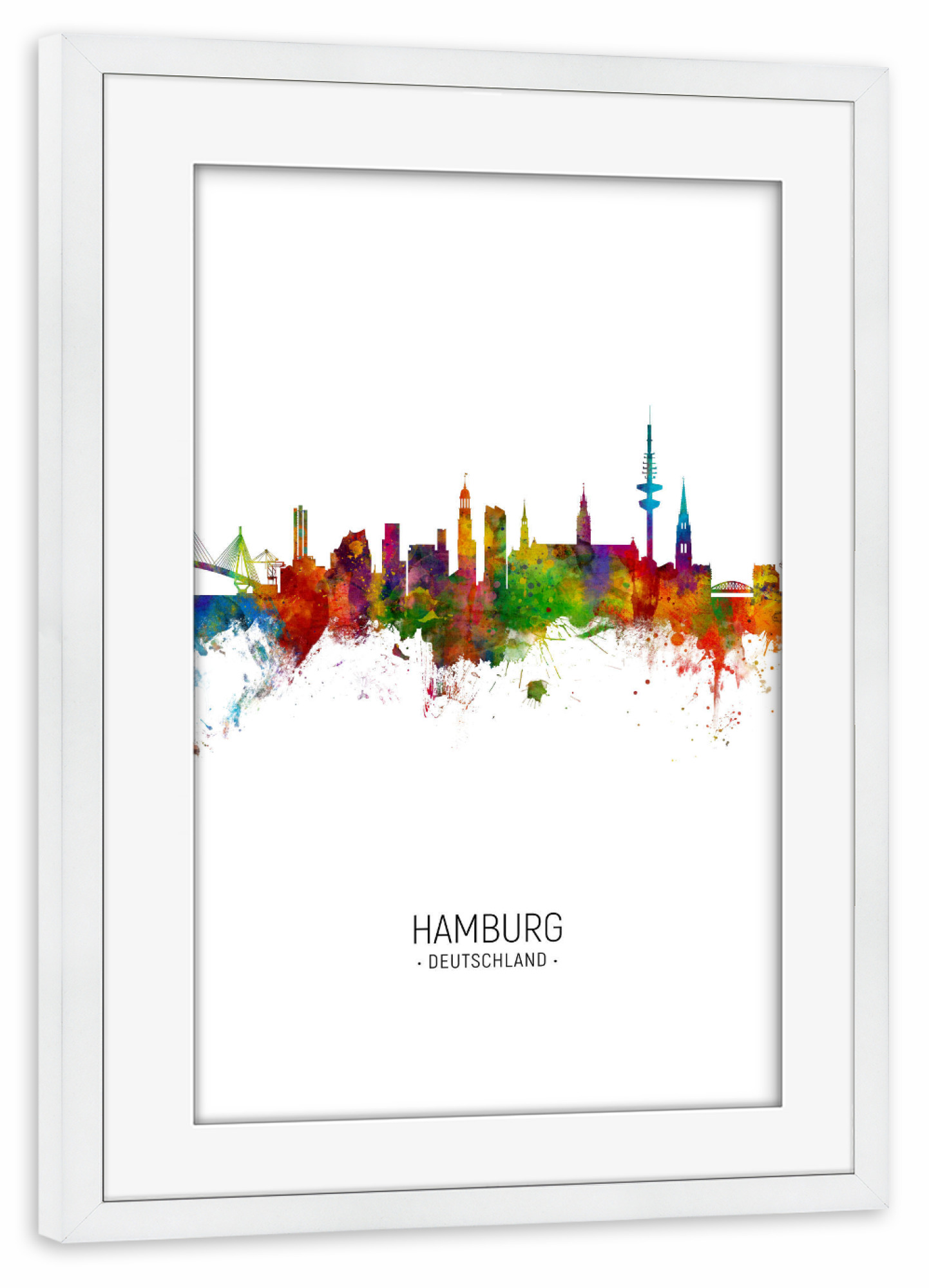 Poster mit Rahmen weiß "Hamburg Skyline Portrait" artboxONE - Städte / Hamburg - Hamburg,Germany,Skyline,Cityscape,Painting,Watercolour,Stadtbild
