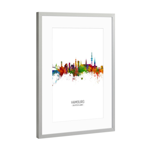 Poster mit Rahmen Silber "Hamburg Skyline Portrait" artboxONE - Städte / Hamburg - Hamburg,Germany,Skyline,Cityscape,Painting,Watercolour,Stadtbild