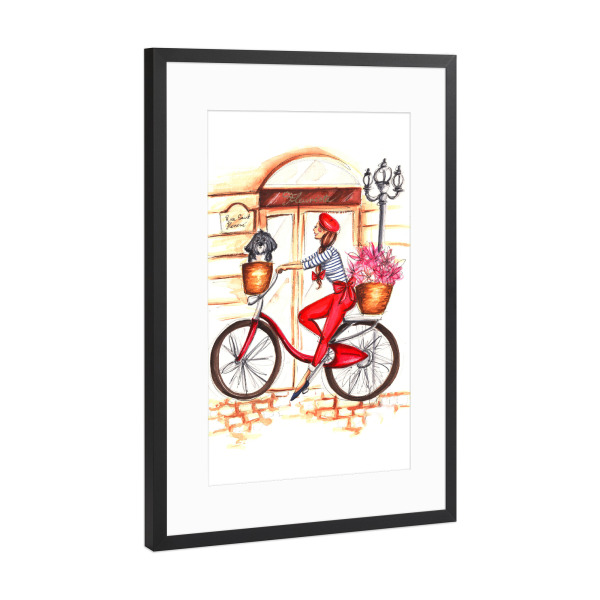 Poster mit Rahmen Schwarz (Metallic) "Parisienne biking" artboxONE - Städte / Paris,Fashion