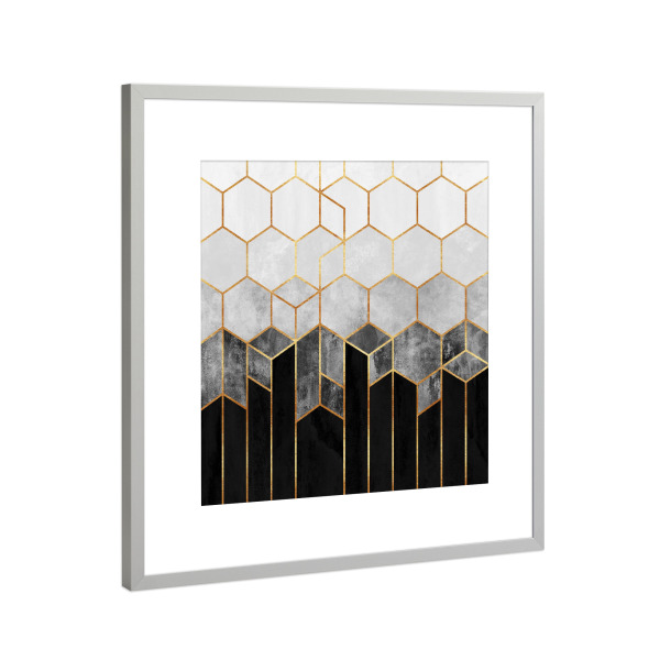 Poster mit Rahmen Silber "Charcoal Hexagons" artboxONE - Abstrakt,Schwarzweiß,Geometrie