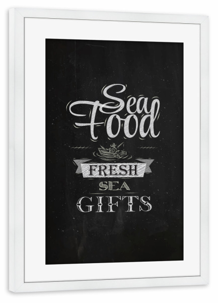 Poster mit Rahmen weiß "Sea food chalk" artboxONE - Essen & Trinken,Schwarzweiß - Sea,Food,Fresh,Gift,Fish,Retro,Vintage,Marine,Natural,Ocean