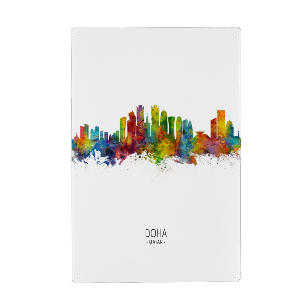 Metall Poster "Doha Qatar Skyline Portrait" artboxONE - Städte - Doha,Qatar,Skyline,Cityscape,Painting,Watercolour,Stadtbild - Blechschild
