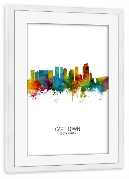 Poster mit Rahmen weiß "Cape Town Skyline Portrait" artboxONE - Städte - Cape town,South africa,Skyline,Cityscape,Painting,Watercolour,Stadtbild