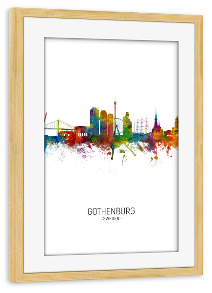 Poster mit Rahmen kiefer "Gothenburg Skyline Portrait" artboxONE - Städte - Gothenburg,Sweden,Skyline,Cityscape,Painting,Watercolour,Stadtbild