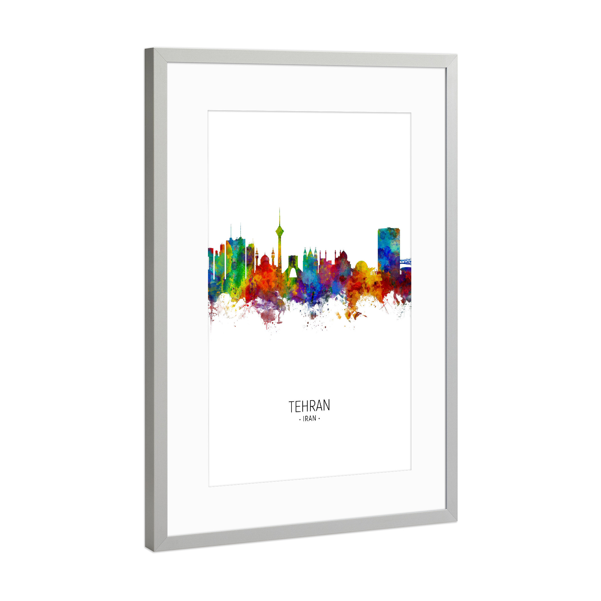 Poster mit Rahmen Silber "Tehran Skyline Portrait" artboxONE - Städte - Tehran,Iran,Skyline,Cityscape,Painting,Watercolour,Stadtbild