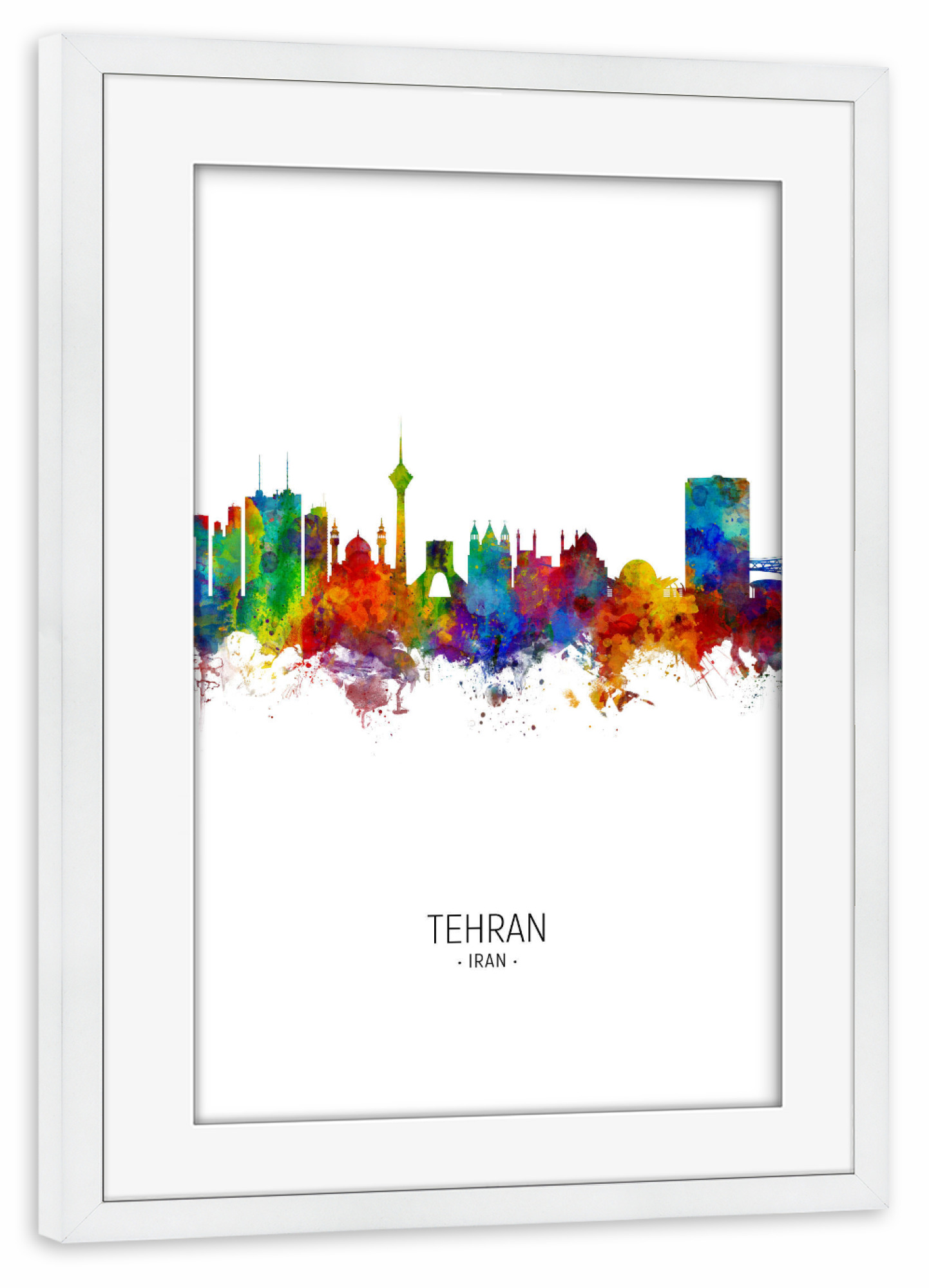 Poster mit Rahmen weiß "Tehran Skyline Portrait" artboxONE - Städte - Tehran,Iran,Skyline,Cityscape,Painting,Watercolour,Stadtbild