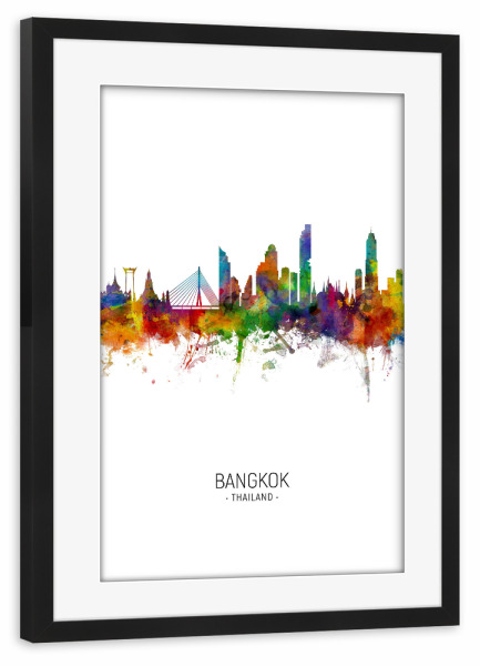 Poster mit Rahmen schwarz "Bangkok Skyline Portrait" artboxONE - Städte - Bangkok,Thailand,Skyline,Cityscape,Painting,Watercolour