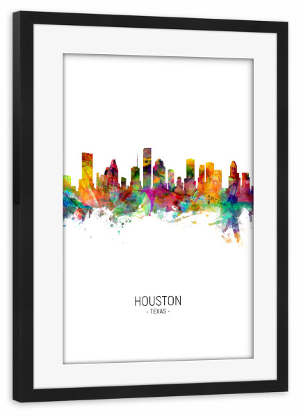 Poster mit Rahmen schwarz "Houston Skyline Portrait" artboxONE - Städte - Houston,Texas,Skyline,Cityscape,Painting,Watercolour,Stadtbild