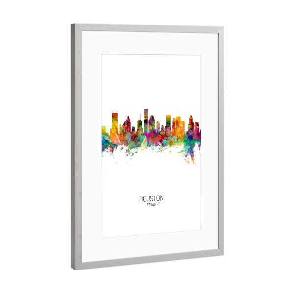 Poster mit Rahmen Silber "Houston Skyline Portrait" artboxONE - Städte - Houston,Texas,Skyline,Cityscape,Painting,Watercolour,Stadtbild