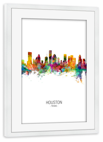 Poster mit Rahmen weiß "Houston Skyline Portrait" artboxONE - Städte - Houston,Texas,Skyline,Cityscape,Painting,Watercolour,Stadtbild