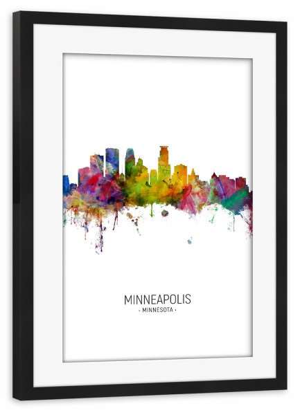 Poster mit Rahmen schwarz "Minneapolis Skyline Portrait" artboxONE - Städte - Minneapolis,Minnesota,Skyline,Cityscape,Painting,Watercolour,Stadtbild