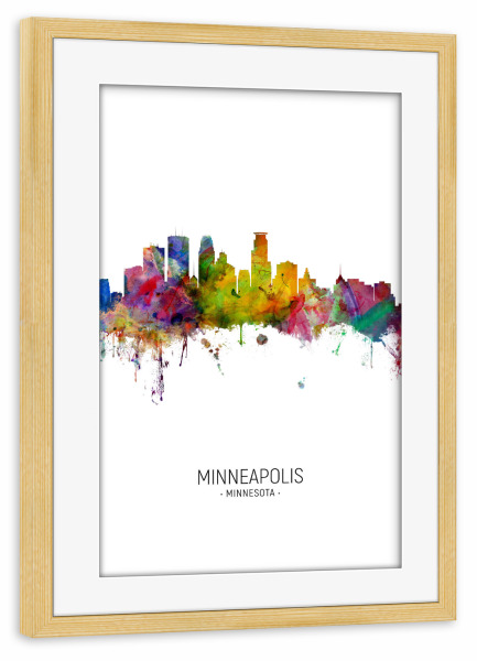 Poster mit Rahmen kiefer "Minneapolis Skyline Portrait" artboxONE - Städte - Minneapolis,Minnesota,Skyline,Cityscape,Painting,Watercolour,Stadtbild