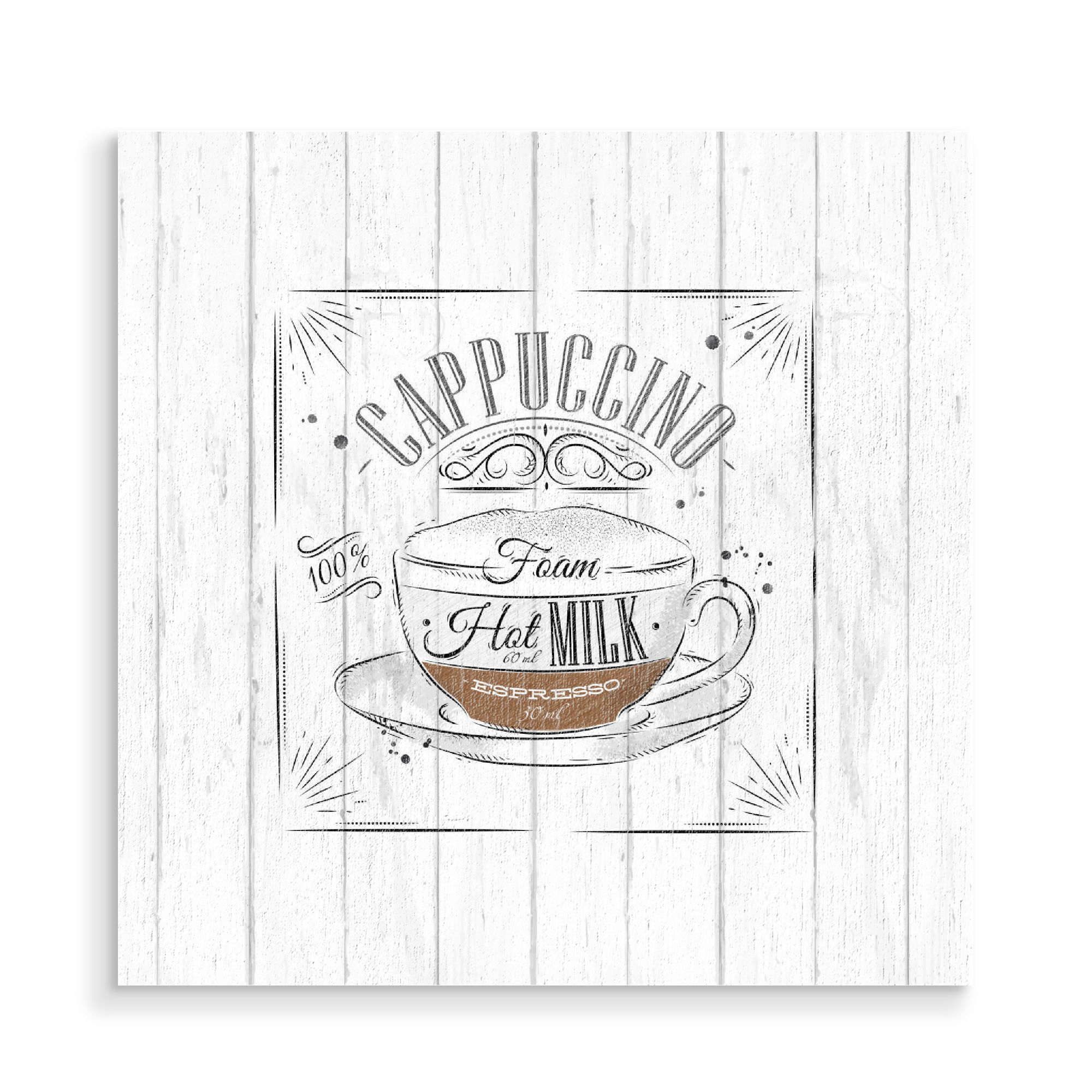 Holzbild "Coffee cappuccino wood" artboxONE - Essen & Trinken - Coffee,Cafe,Drink,Cup,Retro,Vintage,Ingredients,Caffeine,Espresso,Latte,Cappuccino