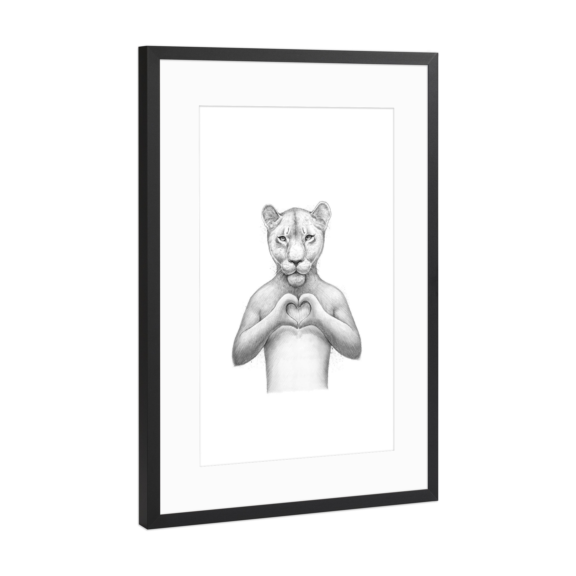 Poster mit Rahmen Schwarz (Metallic) "Girl Lion with heart" artboxONE - Tiere,Schwarzweiß,Liebe