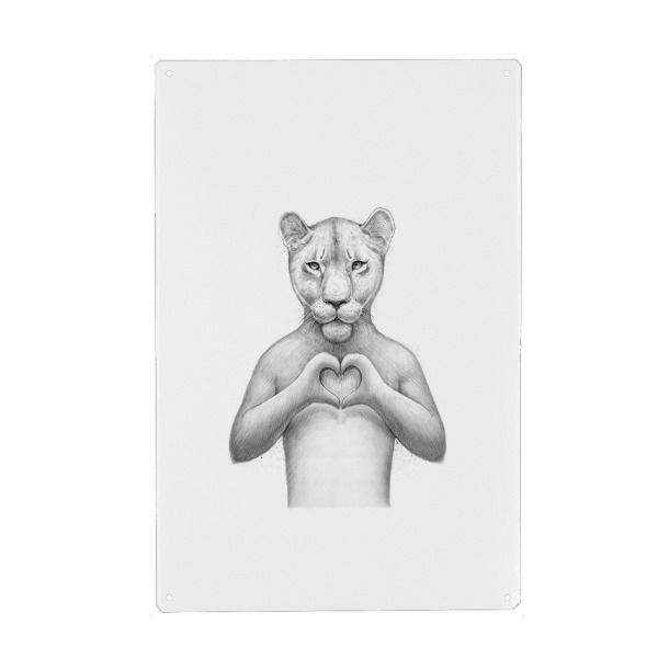 Metall Poster "Girl Lion with heart" artboxONE - Tiere,Schwarzweiß,Liebe