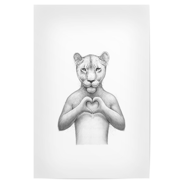 Poster 30x20 cm "Girl Lion with heart" artboxONE - Tiere,Schwarzweiß,Liebe